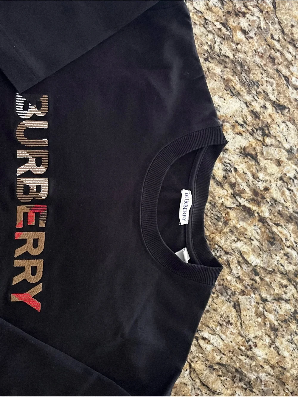 Burberry Black Logo Tee with Beige Plaid and Red Accents